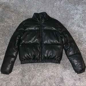 Black Faux Leather Cropped Puffer Jacket
